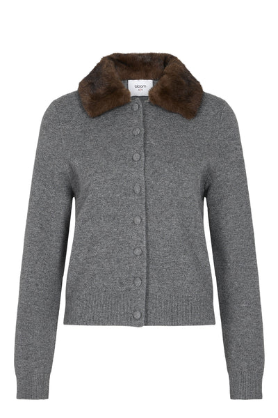 BLOOM Cardigan mit Fake Fur Kragen, Grau meliert