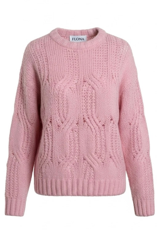 FLONA Strickpullover mit Zopfmuster, Rosa - Vorderseite